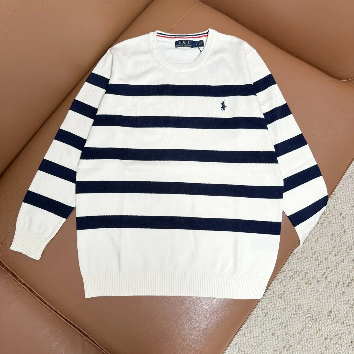 P200 M201#Ralph Lauren pony embroidered striped crew neck sweater Color: royal blue/white stripes, white/royal blue stripes, royal blue/color blue stripes Size: M-XXL